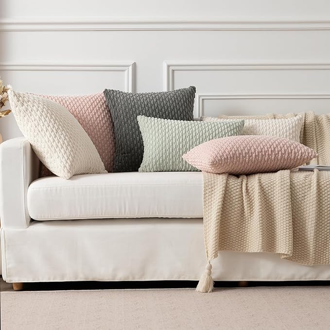 Kevin Textile 14x20 Inch Pillow Cover 1 Pack Boho Decorative Soft Striped Corduroy Lumbar Farmhouse Solid Color Accent Rectangle Cushion Case for Living Room Couch Sofa Bed, Cream White