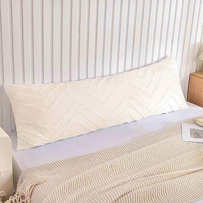 Nanko Body Pillow Case Cover 1 Pack 20x54 with Zipper, Beige Tufted Jacquard Boho Soft Shabby Chic Microfiber Long Decorative Pillow Covers/Pillow Shams, Comfortable Body Pillowcase for Women Men