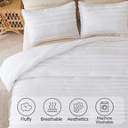 BEDELITE Boho Comforter Set Queen Size, White Tufted Striped Bed Set 3 Pieces, Soft Vintage Farmhouse Comforter for All Seasons, Boho Home Decor,Fluffy Jacquard Bedding with 2 Pillow Shams