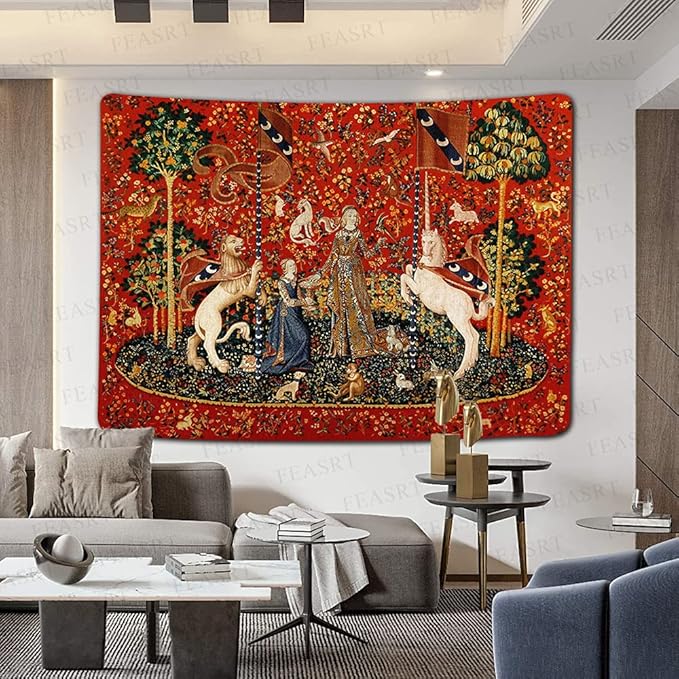 FEASRT European Royal Tapestry Medieval Princess Tapestry, 60x40 Inches Soft Flannelette, Lady and Unicorn for Living Room Bedroom Dorm Decor