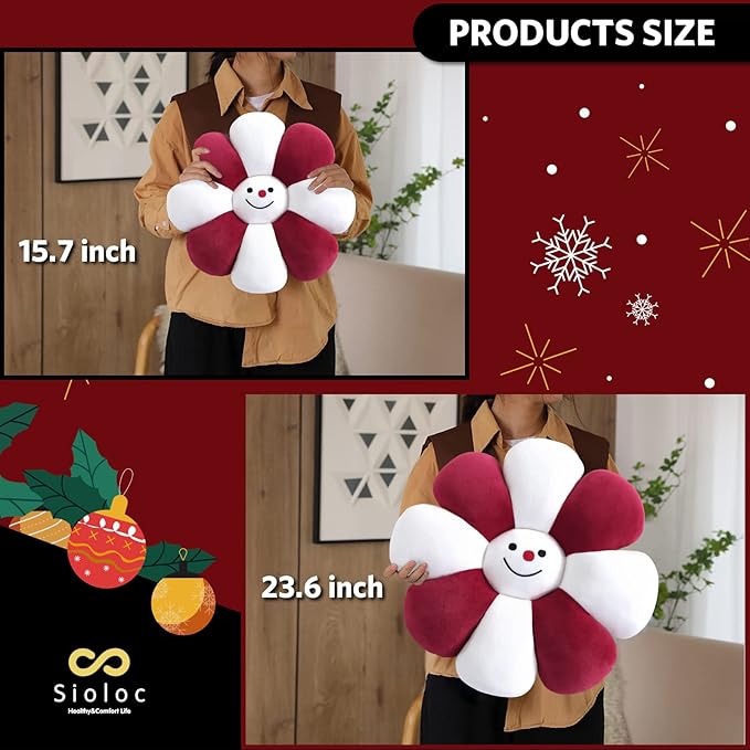 Sioloc Flower Shaped Throw Pillow - Christmas Decor, Plush Floor Pillow & Seating Cushion for Bedroom, Sofa, Chair (Snowman, 15.7Inch)