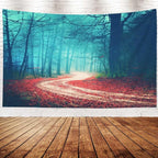 EMMTEEY Halloween Foggy Forest Tapestry Autumn Forest Road Red Leaves Boy Tapestry for Bedroom 60X40 Landscape Tapestry Present for Families