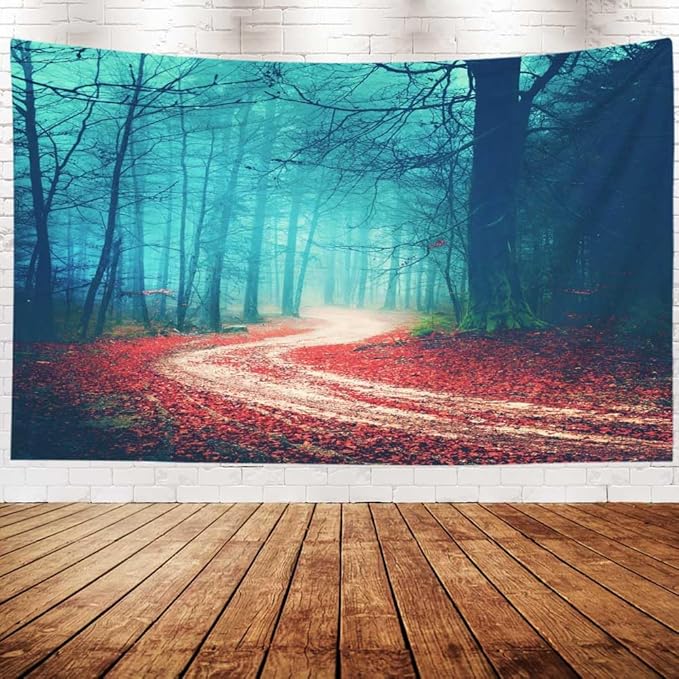 EMMTEEY Halloween Foggy Forest Tapestry Autumn Forest Road Red Leaves Boy Tapestry for Bedroom 60X40 Landscape Tapestry Present for Families