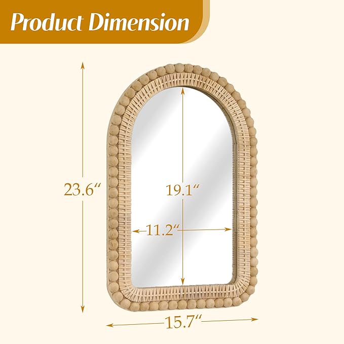 Arched Rattan Wall Mirror – 16x24 Inch Boho Elegance with Woven Frame and Wooden Bead Trim, Decorative Mirror for Bathroom Vanity Entryway Living Room