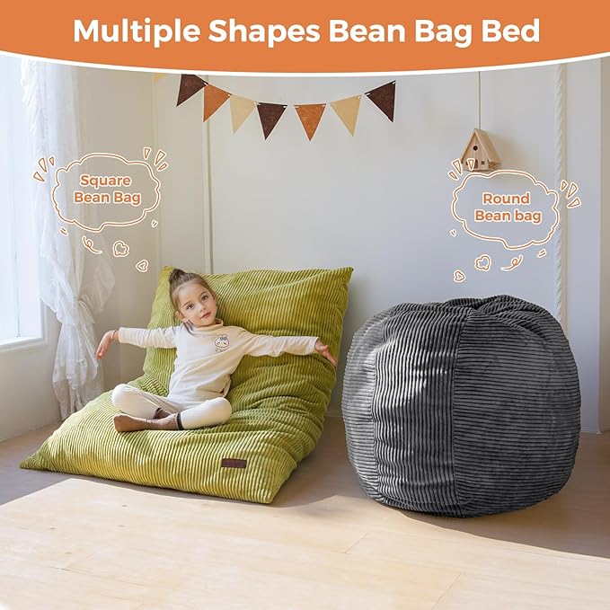 MAXYOYO 3 in 1 Kids Bean Bag Chair Bed, Convertible Chair Folds from Bean Bag to Lounger, Child Floor Sofa for Gaming, Reading, Floor Mattress with High-Density Foam Filling