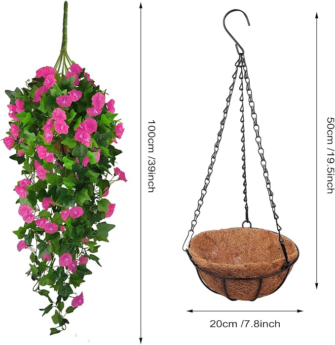 Artificial Fake Hanging Flowers Plants Basket for Spring Outdoor Outside Decoration, UV Resistant Faux Plastic Fabric Flower Morning Glory Wisteria Petunia for Garden Porch Patio Balcony Yard Decor