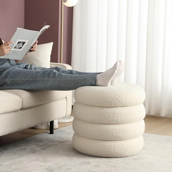 Boucle Ottoman with Storage, Small Round Footrest Stool for Living Room Bedroom, Upholstered Sherpa Vanity Seat with Removable Lid, Modern Comfy Foot Stool for Couch Entryway, Off White