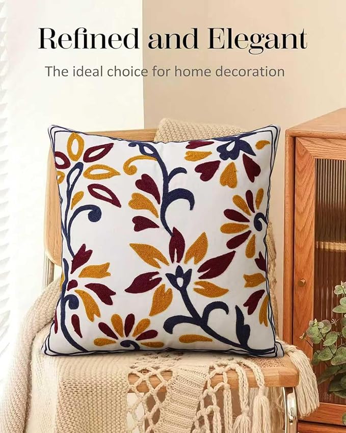 Embroidered Floral Boho Throw Pillow Cover 18x18 Inch - Decorative Cotton Pillow Case for Couch, Sofa, Bedroom, Living Room - Farmhouse Home Aesthetic Housewarming Gifts (Vintage Charm, 18" x 18")