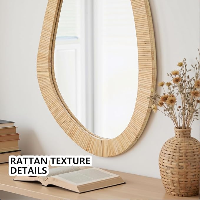 Rattan Mirror for Wall,30.5'' x 19.5" Wooden Framed Farmhouse Boho Wicker Coastal Irregular Vanity Mirror for Bathroom Living Room Entryway