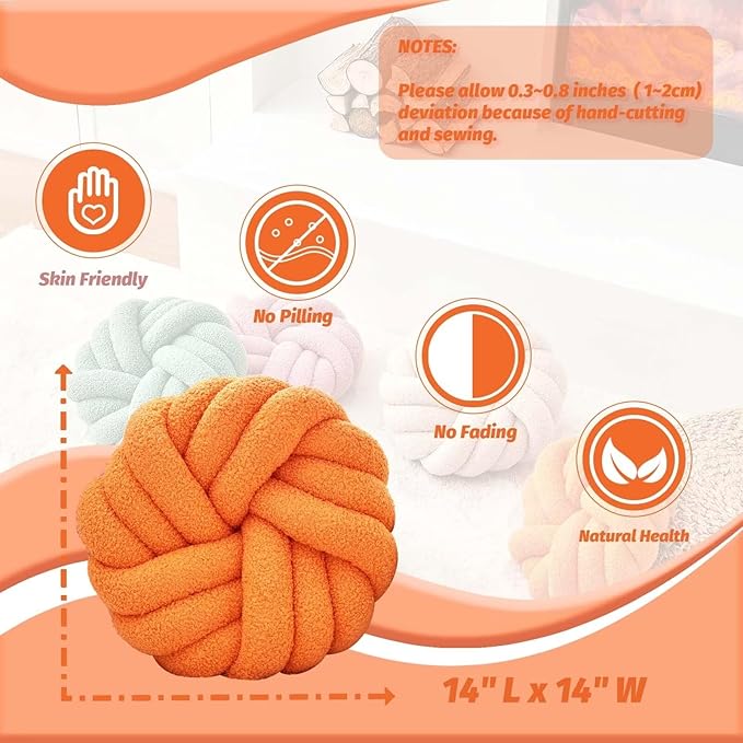 Uvvyui Knot Pillows, 14 Inch Decorative Throw Pillows Round Pillows Cushion, Soft Handmade Knotted Ball Pillow Plush Cushion Home Decor for Bed Couch Living Room (Orange, 14 Inch)