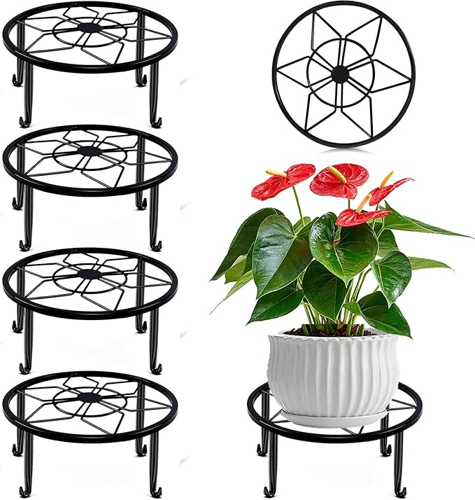 4 Pack Black Metal Potted Plant Stand for Indoor and Outdoor Plants 9.1 inches Heavy Duty Flower Pot Planter Holder, Metal Rustproof Iron Garden Container Round Supports Rack for Planter Pumpkin Stand