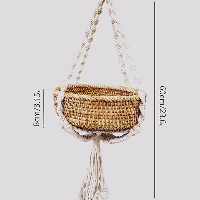 Boho Hanging Rattan Basket - 8.7” Woven Plant Hanger for Dried Flowers & Greenery - Decorative Macrame Wall Basket for Indoor Home Decor - Handmade Wicker Storage for Farmhouse, Living Room