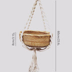 Boho Hanging Rattan Basket - 8.7” Woven Plant Hanger for Dried Flowers & Greenery - Decorative Macrame Wall Basket for Indoor Home Decor - Handmade Wicker Storage for Farmhouse, Living Room