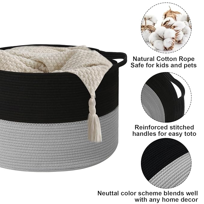 90L Large Blanket Basket,21.7"L x 21.7"W x 13.8"H Rope Woven Baskets with Handles, Toys Storage Bins,Laundry Basket Perfect for Living Room, Nursery,Bedroom,Home Organization,Black&Light Grey