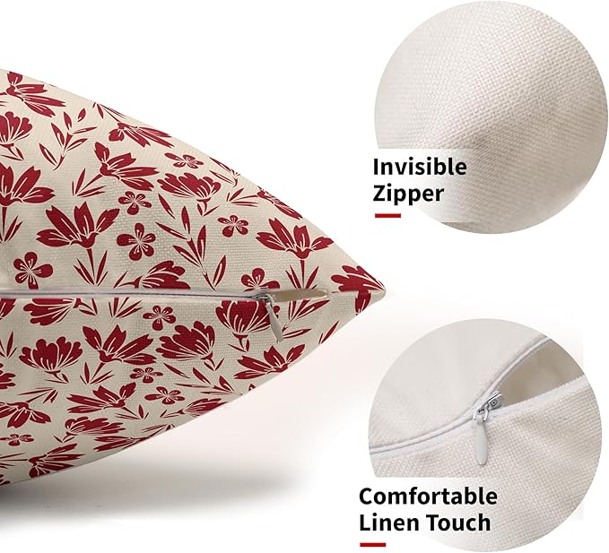 Red Floral Pillow Covers 12x20 Set of 2 Vintage Rustic Old Style Cute Small Flower Cream Print Rectangle Decorative Outdoor Pillowcases Fall Farmhouse Throw Cushion Case Couch Sofa Bed Decor