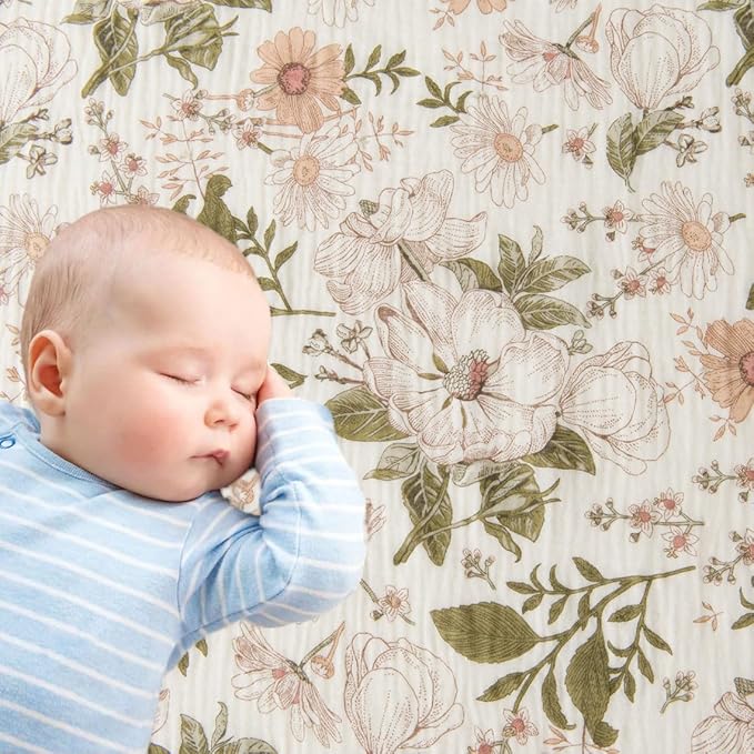Little Jump 2-Pack Cotton Muslin Swaddle Blankets for Baby Boys Girls Unisex - Boho Floral Baby Blanket Nursery Swaddling Blankets- Large 47 x 47 inches Receiving Blanket Neutral (Vintage Blossom)