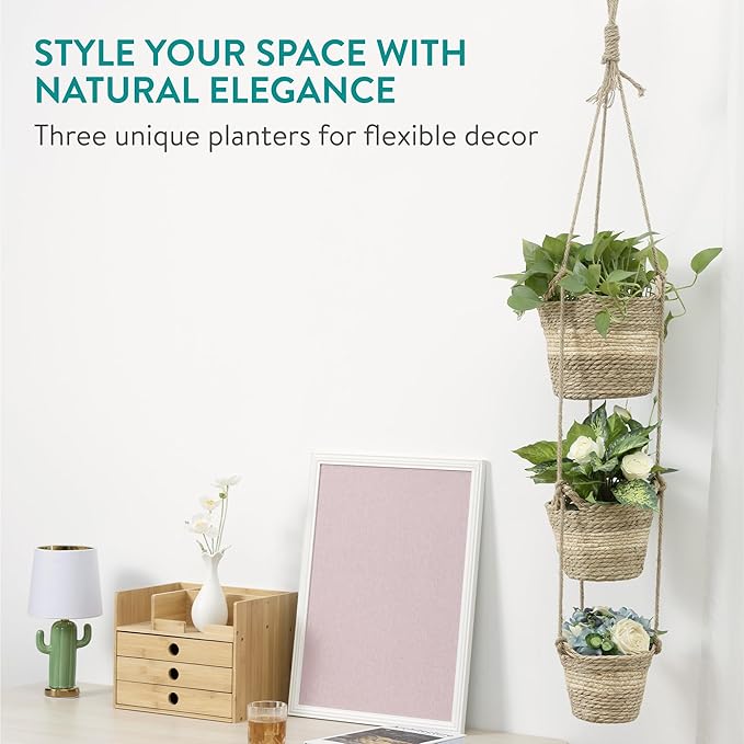 Navaris Seagrass Hanging Plant Pot Set - Decorative Indoor House Plant & Flower Pots with Jute Rope - Woven Basket Pattern for Home Storage - Small, Medium and Large Planters