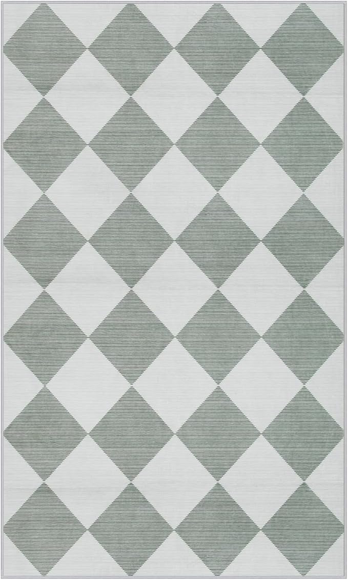 Beeiva Checkered Print 3x5 Washable Rug for Entryway, Non Slip Soft Small Bedroom Rug 3x5 Ultra Thin Moroccan Bathrooom Decor, Gingham Plaid Carpet for Laundry Entry Kitchen Nursery (Green/White)