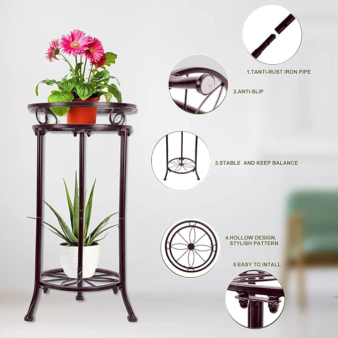 THKFUL 2 Pack Metal Plant Stand Indoor Outdoor - Heavy Duty Rustproof Tall Potted Plant Stands Modern Flower Pot Stand,Corner Flower Plants Holder Rack for Multiple Plant Patio Garden 20.3"(Brown)