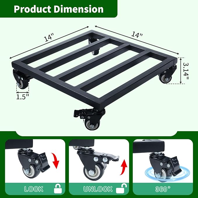 2 Pack 14 Inch Metal Plant Caddy with Wheels, Square Rolling Plant Stand Heavy Duty Indoor Outdoor Planter Dolly, Plant Pot Mover for Large Flower Pots and Planters, 400 Lbs
