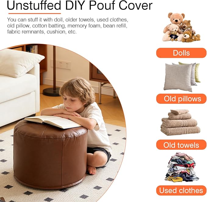 Unstuffed Ottoman Pouf Cover 20 X 15 Inch, Round Pu Leather Foot Stool, Floor Bean Bag(No Filler), Foot Rest with Storage for Living Room/Bedroom/Office, Brown