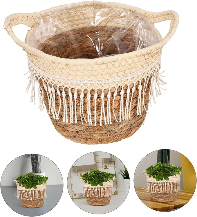 DECHOUS Woven Plant Pot Basket with Tassel Boho Style Planter for Indoor Outdoor Use Compact Decorative Flower Holder and Storage Basket Farmhouse Floral Decor Gift