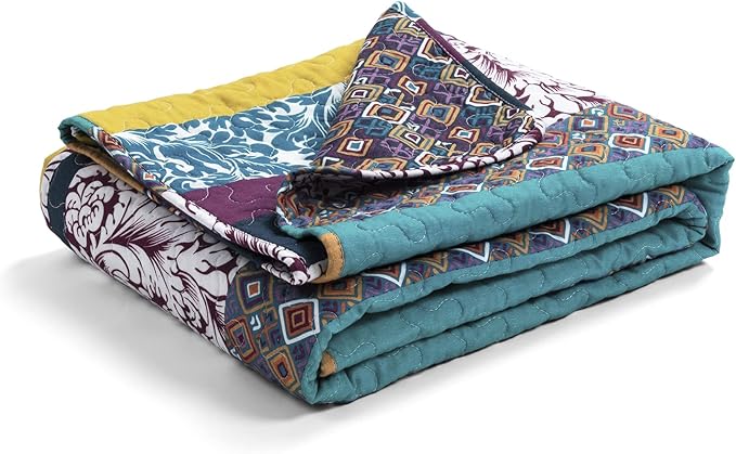 Lush Decor Boho Stripe Reversible Cotton Throw Blanket, 50" W x 60" L, Plum & Yellow - Striped Throw Blankets for Bed - Couch Blanket - Boho Throw Blanket for Couch