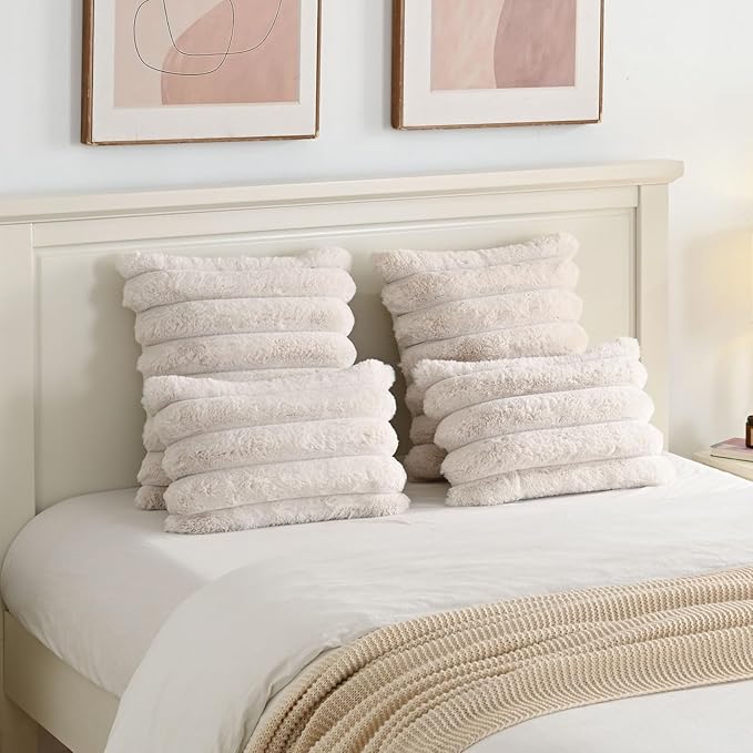 FUTEI Beige Decorative Throw Pillow Covers 20x20 Inch Set of 2, Square Soft Faux Rabbit Fur Thick Striped Cushion Cover,Spring Home Decor for Couch Bed Living Room
