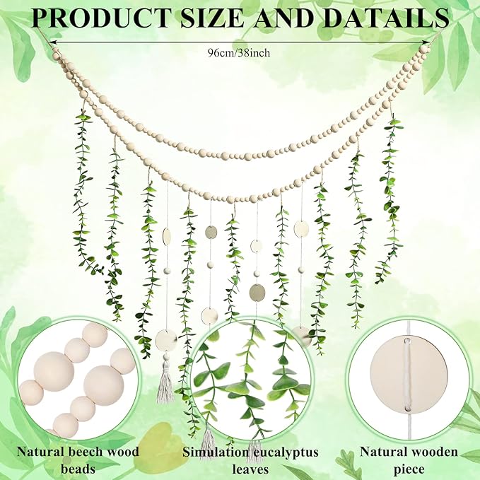 Hanging Eucalyptus Boho Wall Decor Large Boho Bedroom Wall Hanging Wooden Bead Garland Artificial Eucalyptus Natural Greenery Decoration, 36 x 36 Inch (Simple Color, Wood Chip Style)