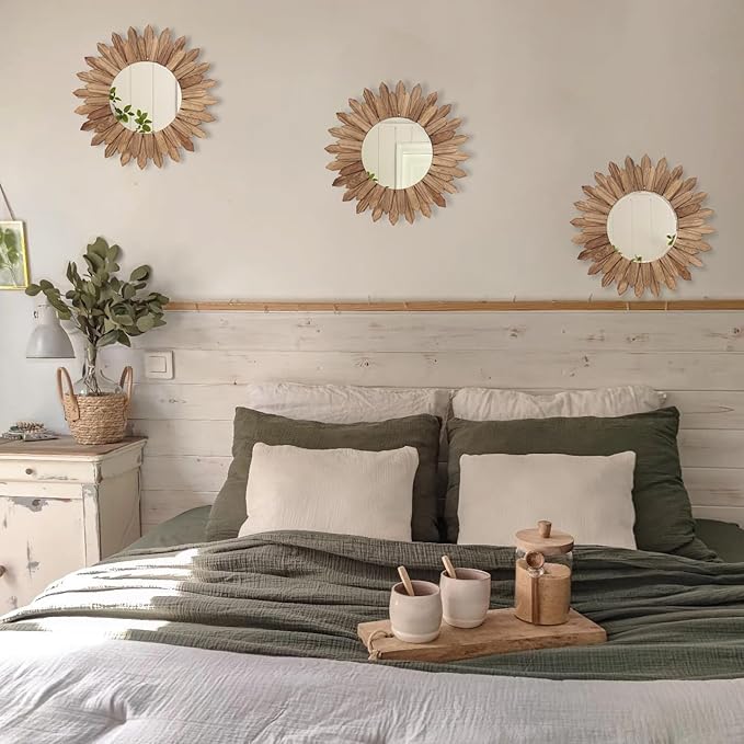 LOSOUR Boho Wall Decor Sunburst Mirror 3 Pack Rustic Round Wood Mirror 12 inch Boho Mirror Home Decor Farmhouse Room Decorations for Bedroom Living Room Entryway