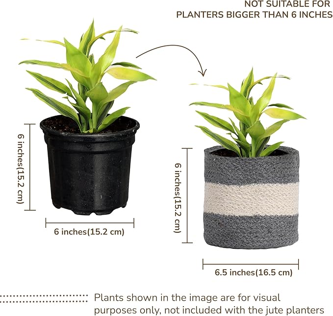 Jute Planter Basket-Woven Jute Rope Covers for Decorating Indoor/Outdoor Succulents, Small Plant Pots-Set of 2-Multi-Purpose Storage Bins 6.5 Inches - Modern Style Décor - Gray & White