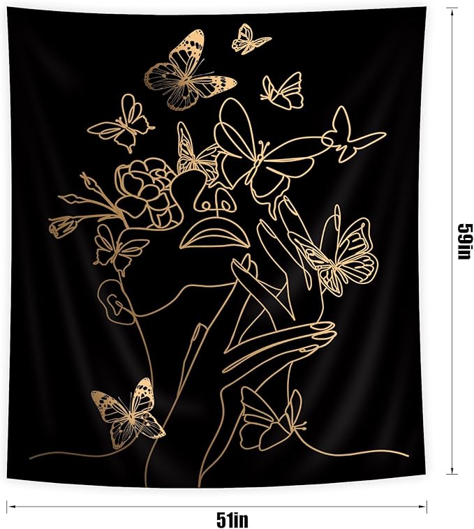 SVBright Simple Woman Flower with Butterfly Fabric Wall Hanging Tapestry 51Wx59H Inch Art Line Aesthetic Modern Minimalist Sketch Wall Black Gold Hanging Home Decor Art for Living Room Bedroom Dorm