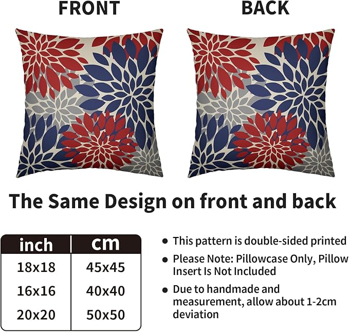 4th of July Blue Red Grey Pillow Covers 22X22 Inch Set of 2, Modern Dahlia Floral Print Decorative Throw Pillow Covers Outdoor Farmhouse Cushion Case for Home Couch Sofa Bed Decoration