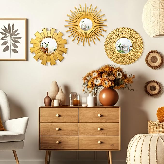 3 Pack Gold Sunburst Mirrors for Wall Decor Circle Flowers Mirrors Decorative Gold Hanging Wall Art Flowers Mirror for Home Living Dinning Room Bedroom Bathroom Boho Decoration Art(Sunburst)