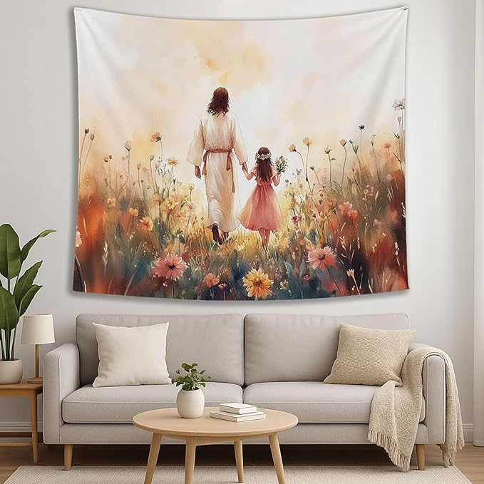 bitCNY Jesus and Girl Tapestry 60x50 Inches – Christian Tapestry for Kids Room, Gentle Faith Wall Hanging, Religious Art for Family Spaces