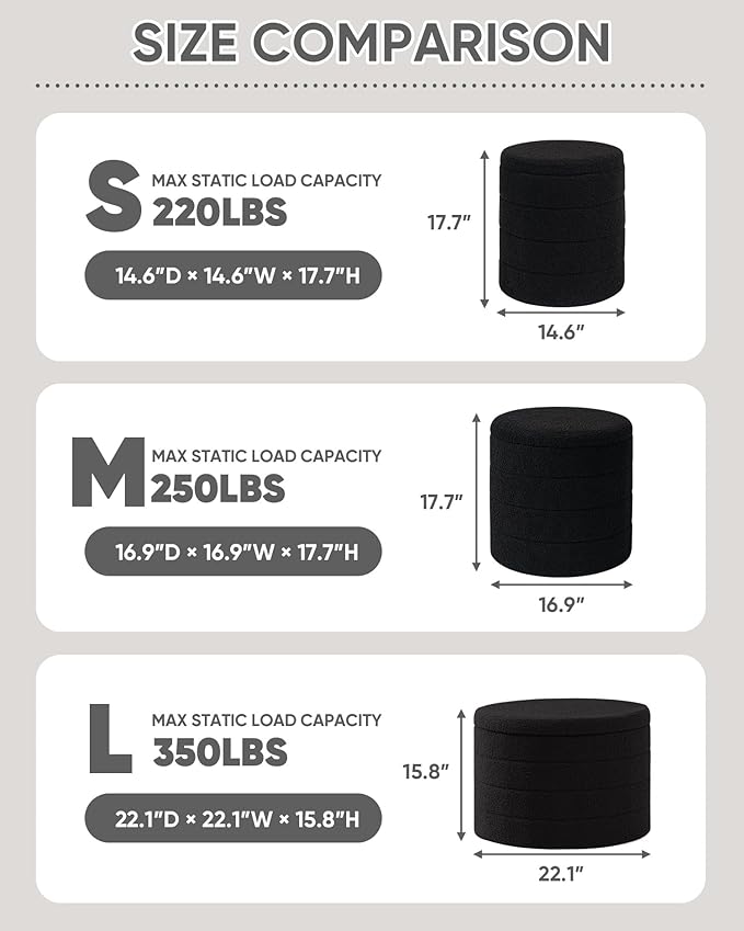 PINPLUS Round Storage Ottoman Foot Rest Stool with Tray Velvet Sherpa Folding Storage Ottoman,Boucle Foot Rest for Living Room, Bedroom, Dorm（Black）