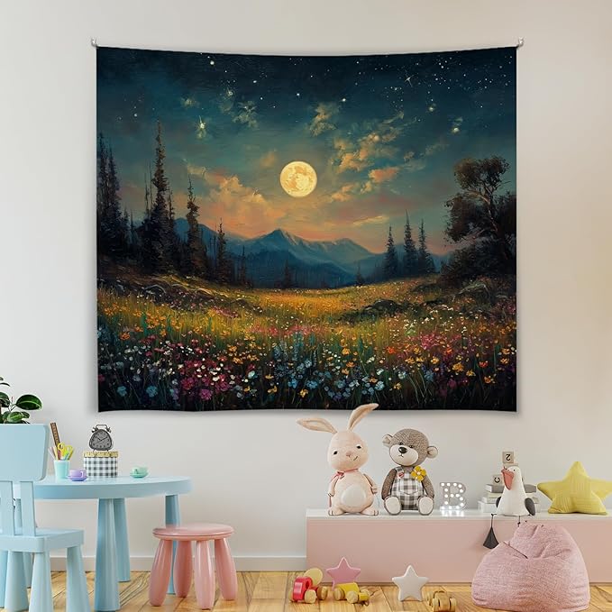 Moonlit Wildflower Forest Tapestry, Colorful Night Landscape Wall Tapestry Backdrop, Oil Painting Style Nature Scene Hanging Decor for Bedroom,Dorm, Studio and Aesthetic Home Space (Green-Moom)