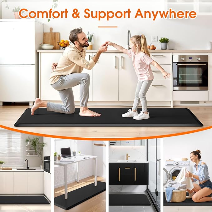 Extra Large Kitchen Mat Rug, Floor Comfort Mat with Non-Slip Bottom, Waterproof & Stain Resistant & Easy Clean, Standing Desk Mat for Kitchen, Sink, Office (17.3''x60'', Black)