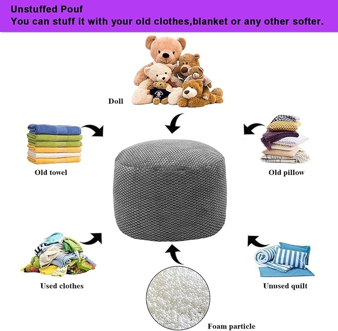 Unstuffed Pouf Ottoman Cover Handmade Footstool Ottoman Storage Solution Floor Pouf Footrest Cushion 20Diameterx12Height Inches for Living Room Wedding Dark Gray