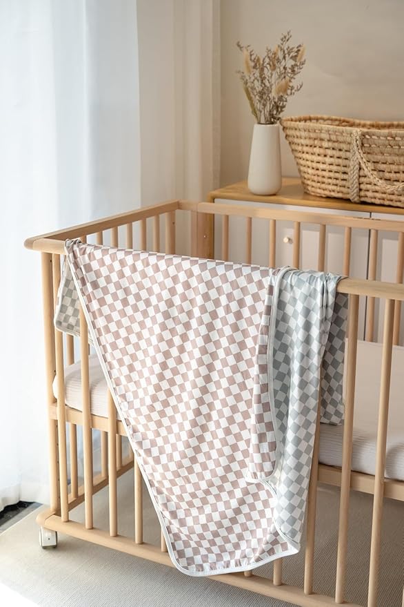 Little Jump 2- Layers Jersey Knitted Swaddle Blanket, Premium Baby Blanket,Soft Stretchy Quilt for Babies, Toddlers, Kids (Coffee & sage cherckered)