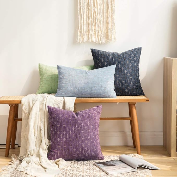 MIULEE Pack of 2 Decorative Burlap Linen Throw Pillow Covers Modern Farmhouse Vintage Pillowcase Rustic Woven Textured Cushion Cover for Sofa Couch Bed 22x22 Inch Blue