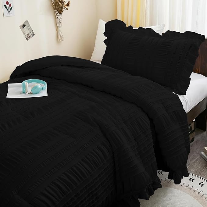 WONGS BEDDING Comforter Full Size, Black Ruffle Comforter for Dorm Room Essentials for Full Bed, Soft Seersucker Textured Bedding Set Full Size Comforter Sets for Girls 90"×78"