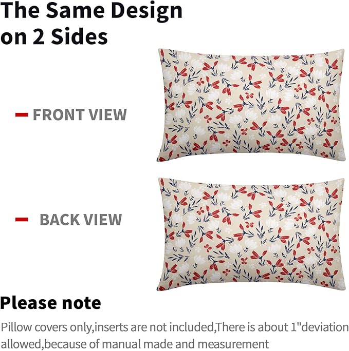 4th of July Floral Pillow Covers 12x20 Set of 2 Rustic Old Style Navy Blue Red White Flower Print Rectangle Decorative Outdoor Pillowcases Patriotic Throw Cushion Case Decor for Couch Sofa Bed