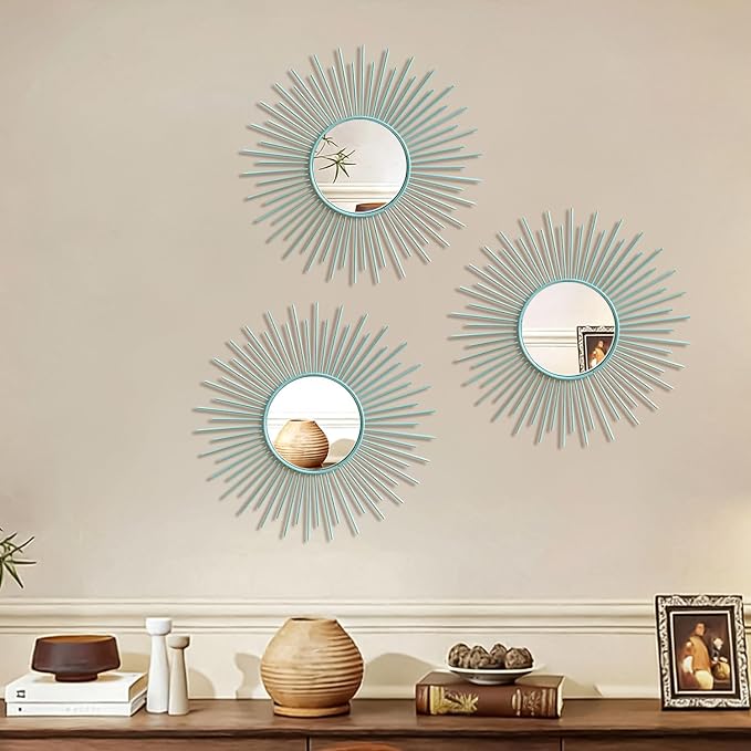 3 Pack Metal Mirrors for Wall Sunburst Wall Mirrors Home Décor Decorative Hanging Wall Art for Living Room Bedroom Entryway (Blue, Sunburst)