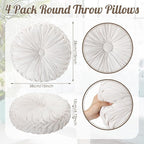 4 Pcs Round Throw Pillows 15 Inch Decorative Velvet Pleated Pumpkin Pillows Boho Floor Pillow with Center Button for Living Room Couch Chair Bed Sofa Home Decoration (Ivory)