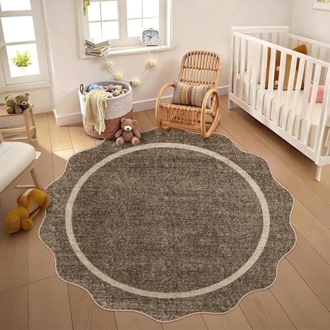 GarveeHome Scalloped Round Washable Rug, Soft Modern Round Rugs 5ft Circle Carpets for Bedroom Ultra-Thin, Boho Taupe Print Distressed Circular Carpet for Living Room Dorm Bedside, Taupe