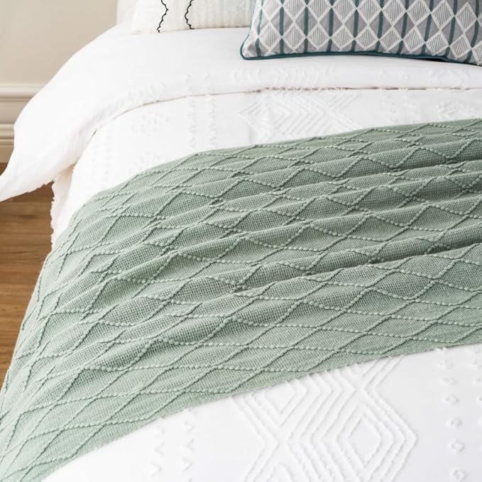 BATTILO HOME Sage Green Throw Blanket for Couch, Boho Bed Throws for Home Decor, Light Blue Throw Blanket for Sofa Living Room, 50"x60"