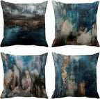 Emvency Set of 4 Throw Pillow Covers Modern Abstract Messy Teal Turquoise Black and Brown Retro Painting Decorative Pillow Cases Home Decor Standard Square 24x24 Inches Pillowcases