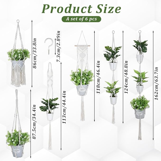 6 Pack Macrame Plant Hangers, 6 Sizes Plant Hangers Indoor with Hooks Boho Hanging Planters Set Hangings Planter Basket Wall Plants Hanger for Boho Home Decor (33.8"/34.4"/44.4" /46.4"/48.8"/63.7")