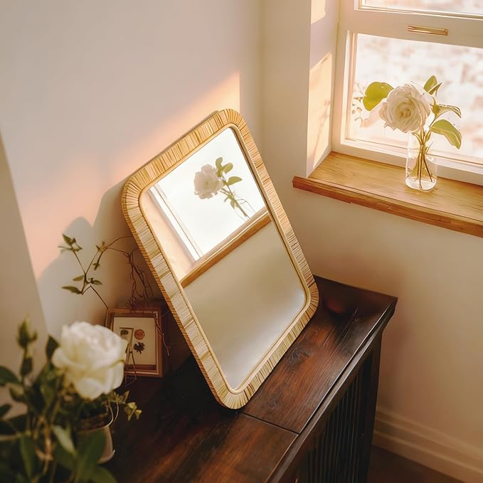 Rattan Bathroom Mirror Wall Mounted Bathroom Mirror for Rustic Farmhouse Style Wicker Rattan Frame Boho Mirror for Bathroom Bedroom Entryway Living Room Decor